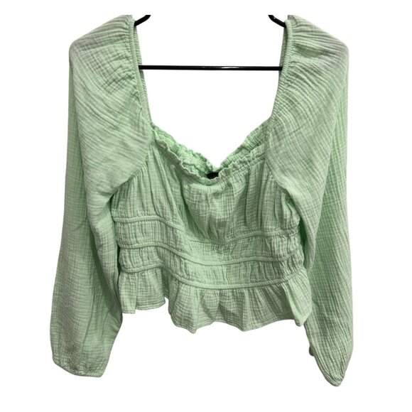 Wild Fable Light Green Long Sleeve Ruffled Cropped Top Sz L Smocked Cottagecore - Picture 1 of 9